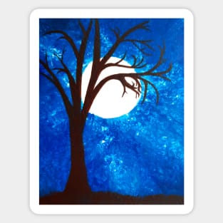 A moonlit blue nightsky in winter bare tree spooky eerie Sticker